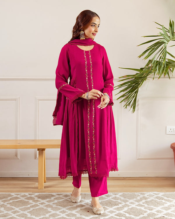 Ruhani Rani A Line Threadwork Mul Chanderi Suit