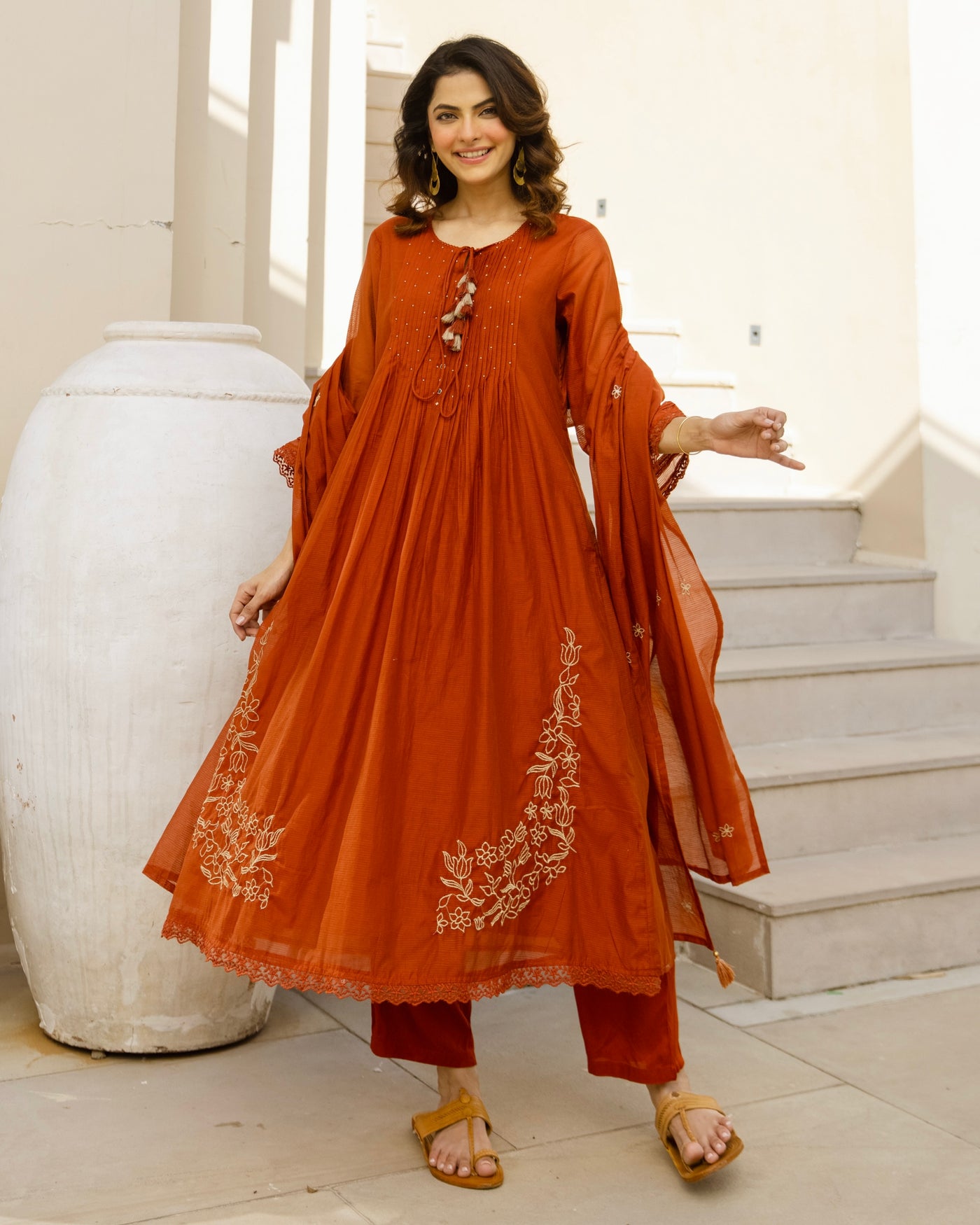 Kesariya Baagh Pintex Threadwork A Line Chanderi Suit