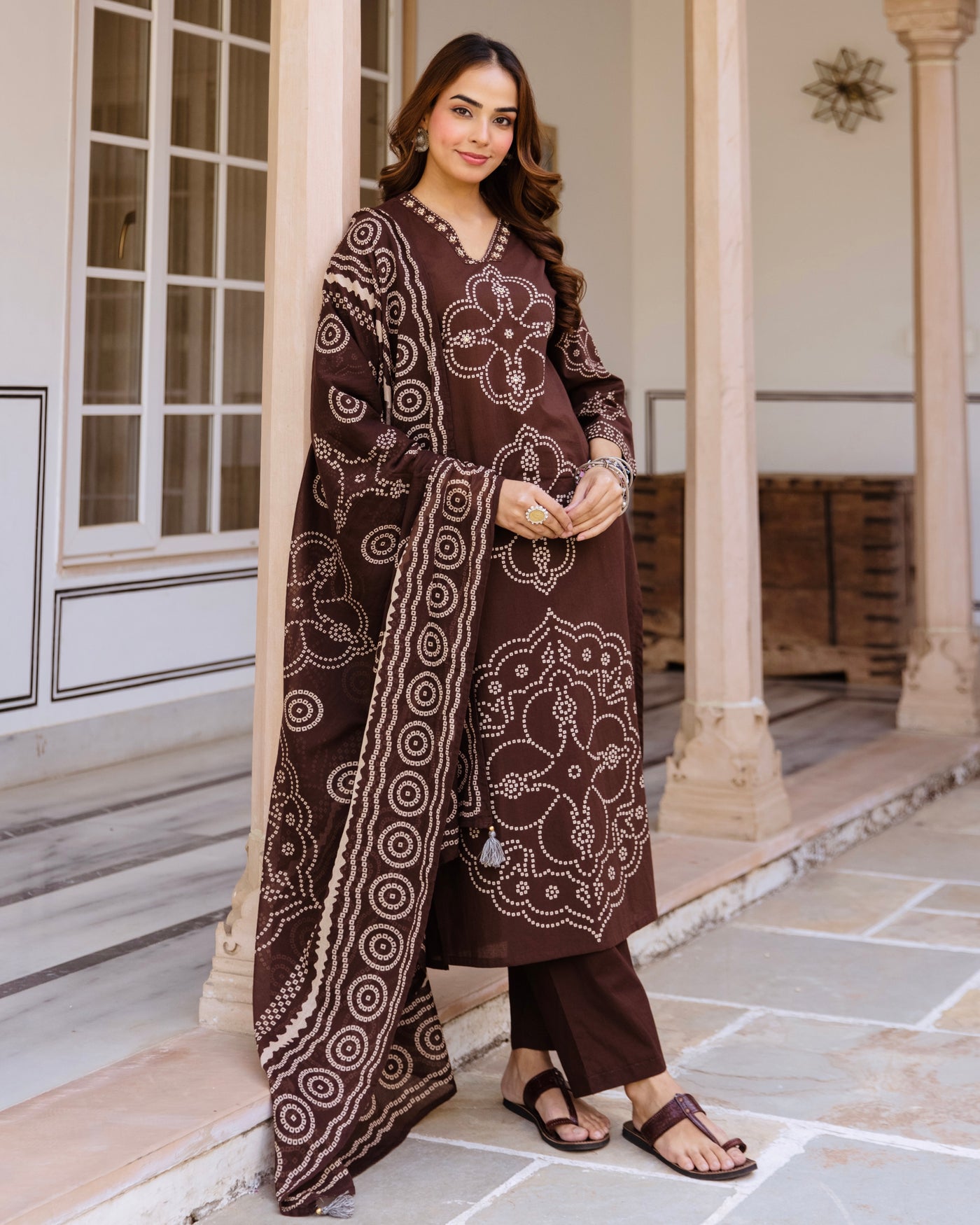 Mocha Brown Bandhej Premium Cotton Suit