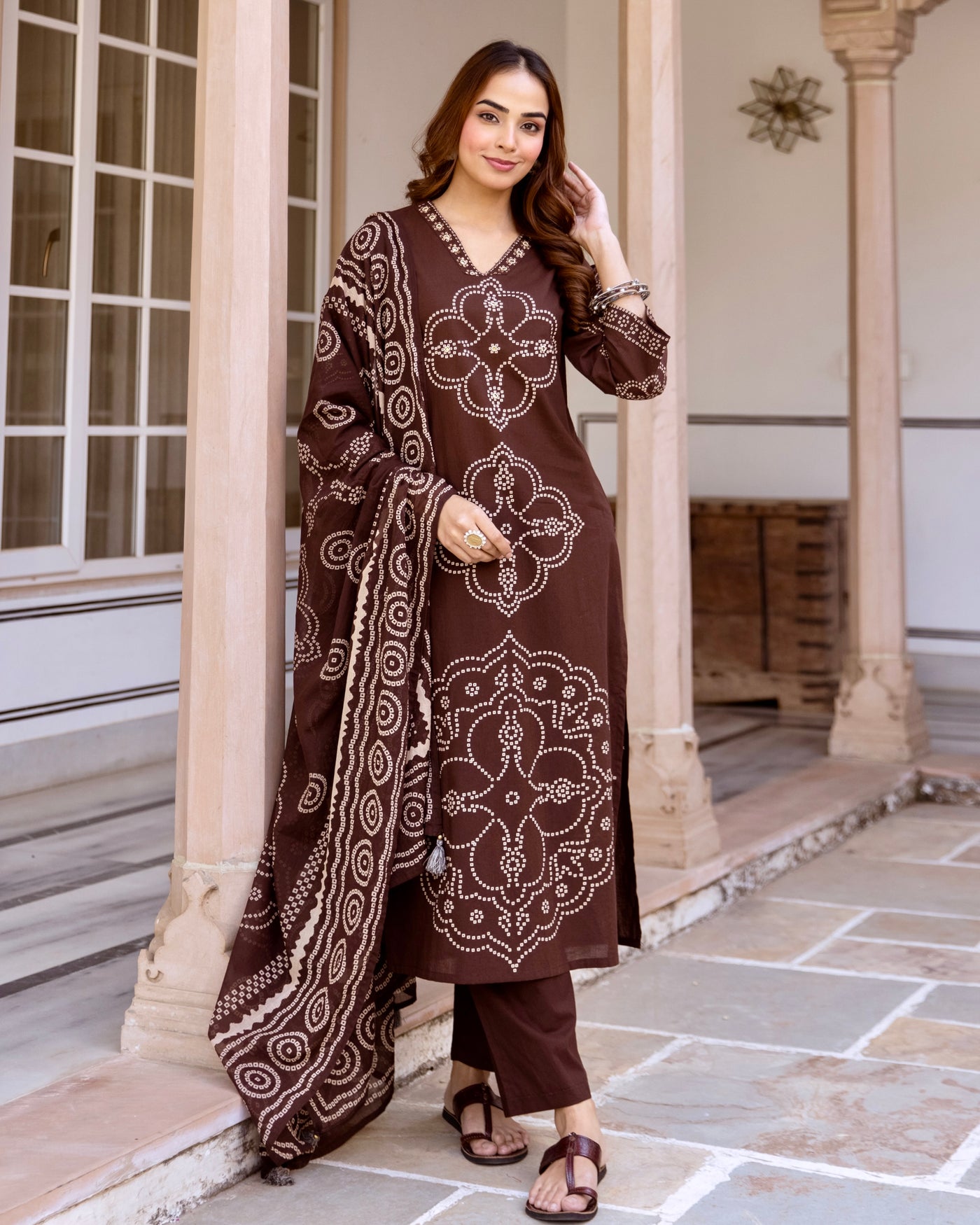 Mocha Brown Bandhej Premium Cotton Suit