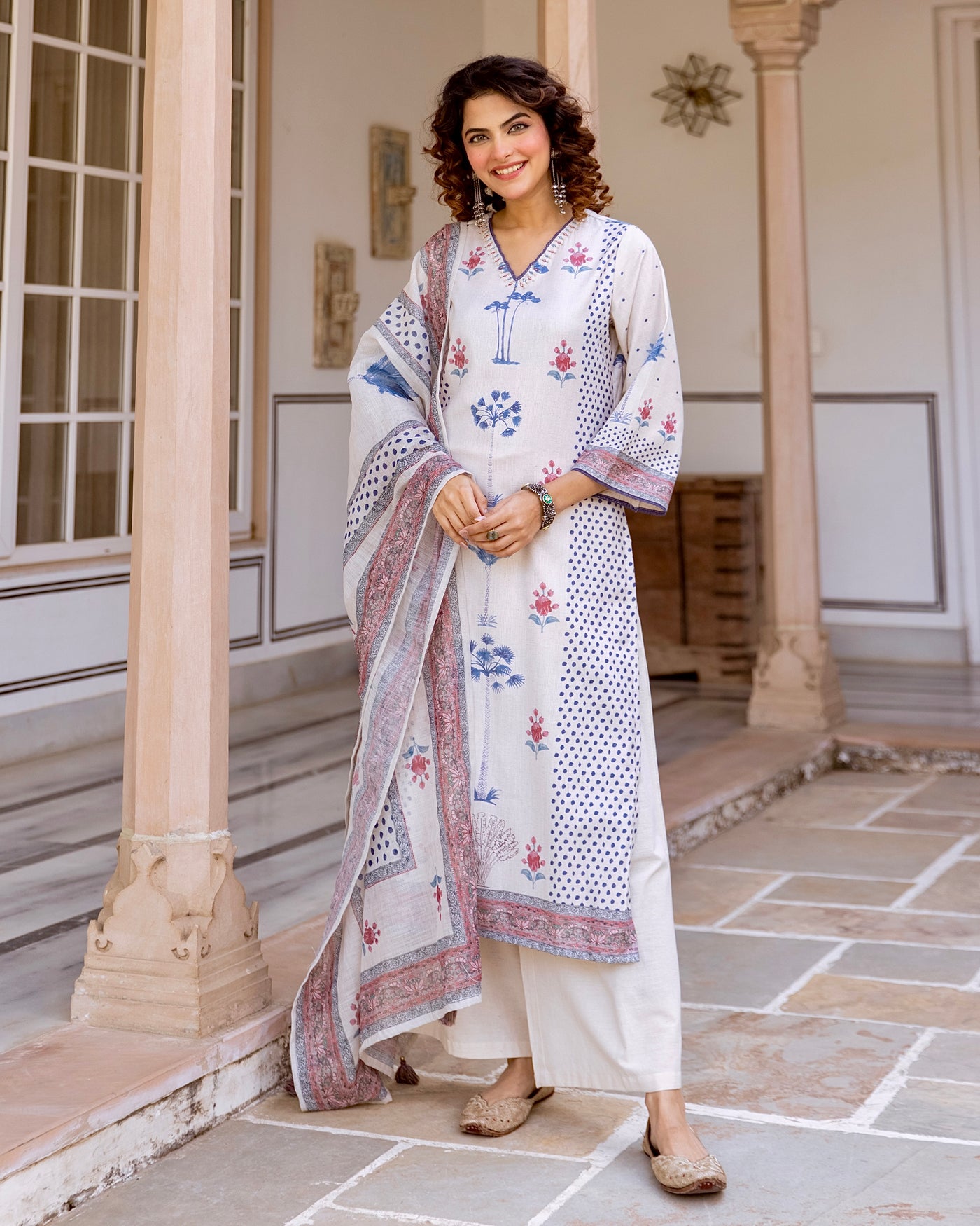 Ivory Blue Soft Bloom Premium Linen Suit
