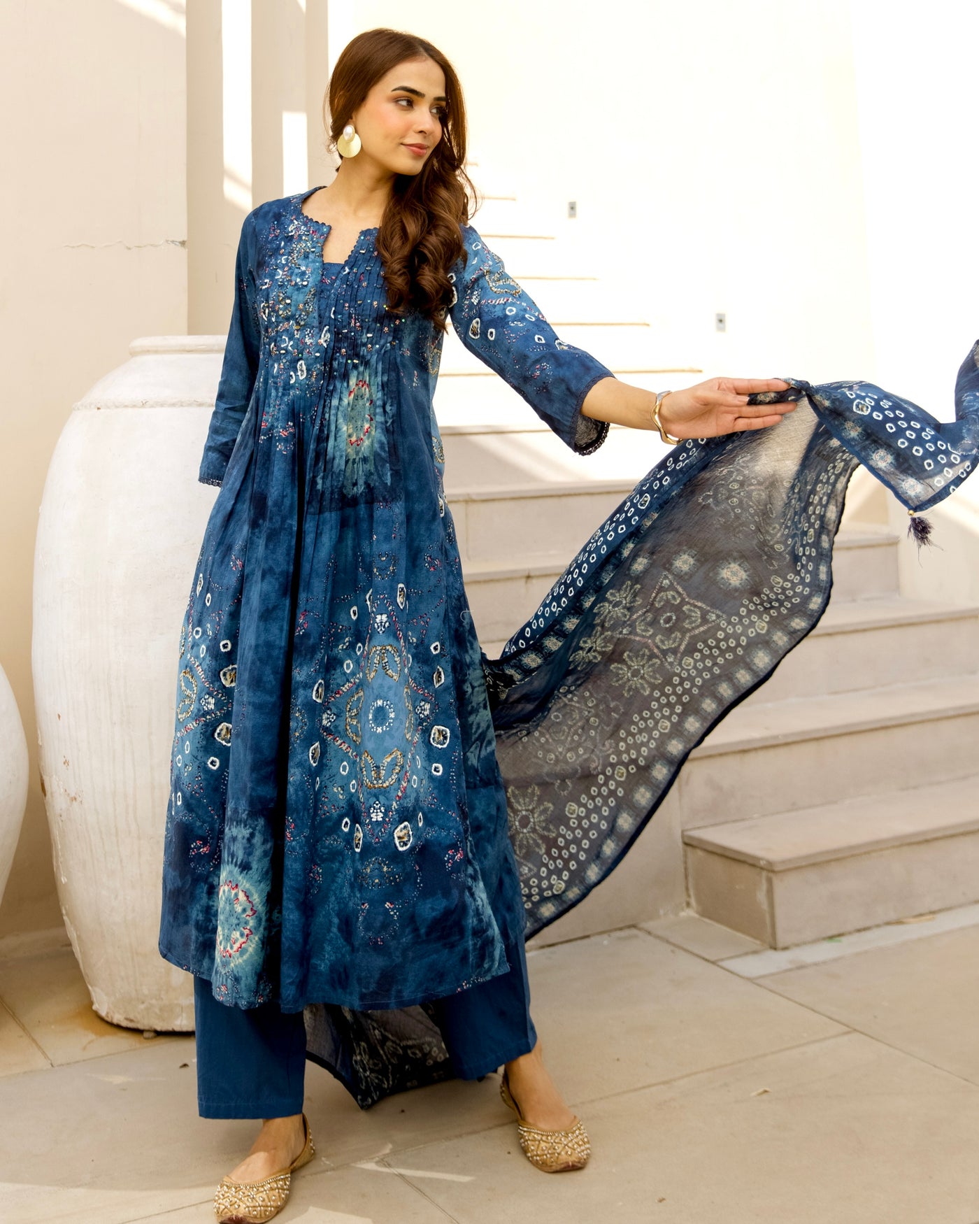 Mystic Blue Bandhani Cotton A Line Suit