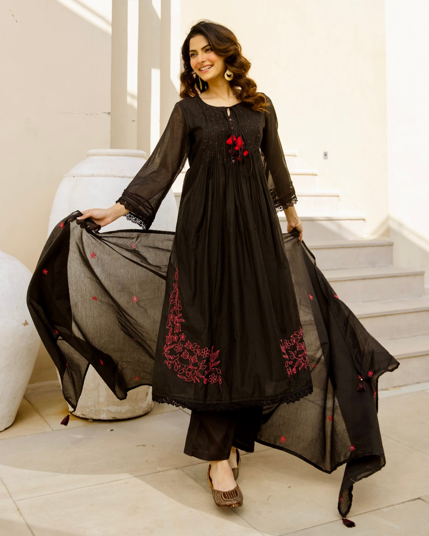 Midnight Blossom Pintex Threadwork A Line Chanderi Suit