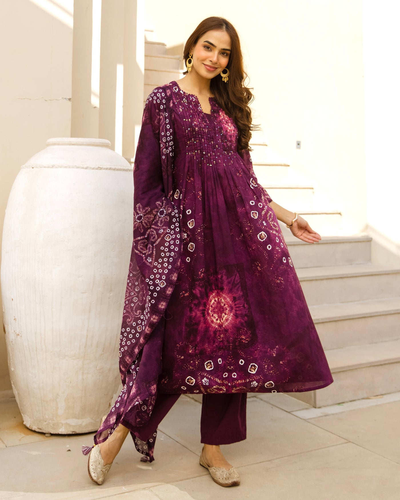 Jamuni Blossom Bandhani Cotton A Line Suit