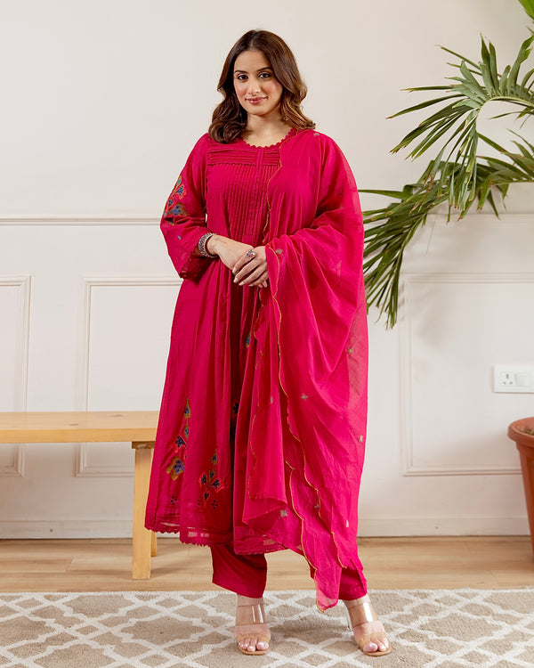 Pink Noor A Line Threadwork Mul Chanderi Suit