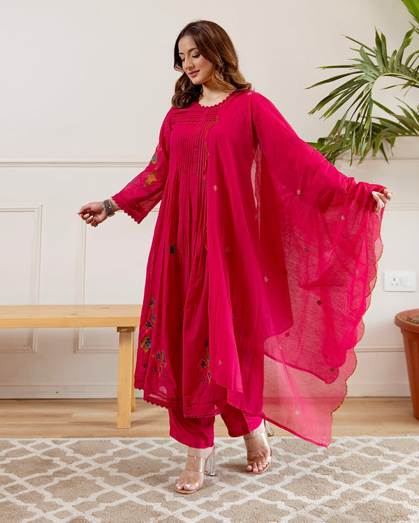 Pink Noor A Line Threadwork Mul Chanderi Suit