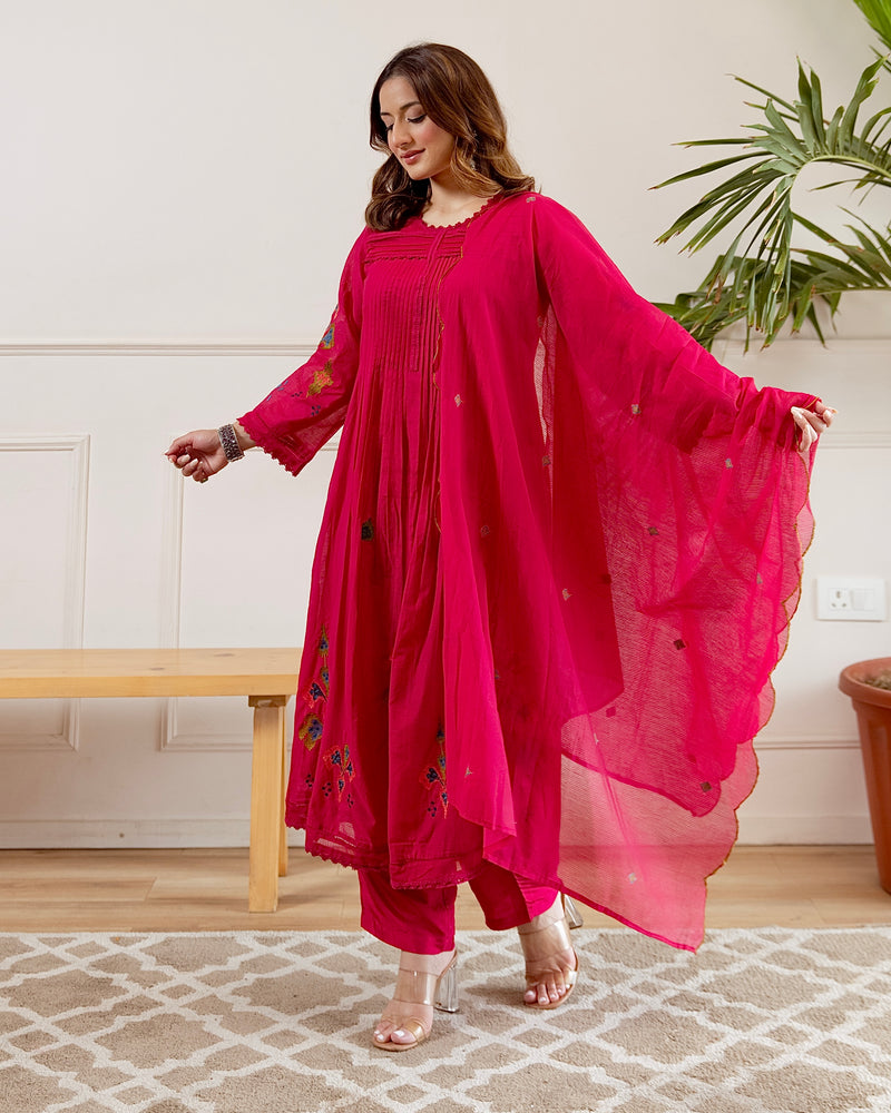 Pink Noor A Line Threadwork Mul Chanderi Suit