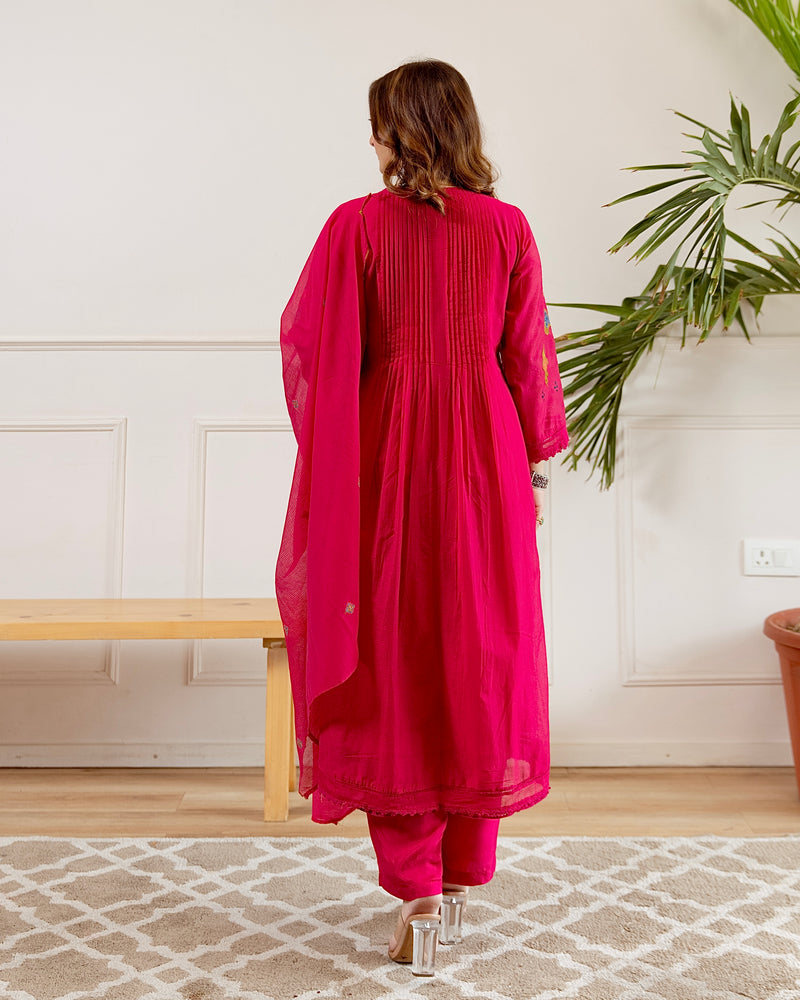 Pink Noor A Line Threadwork Mul Chanderi Suit