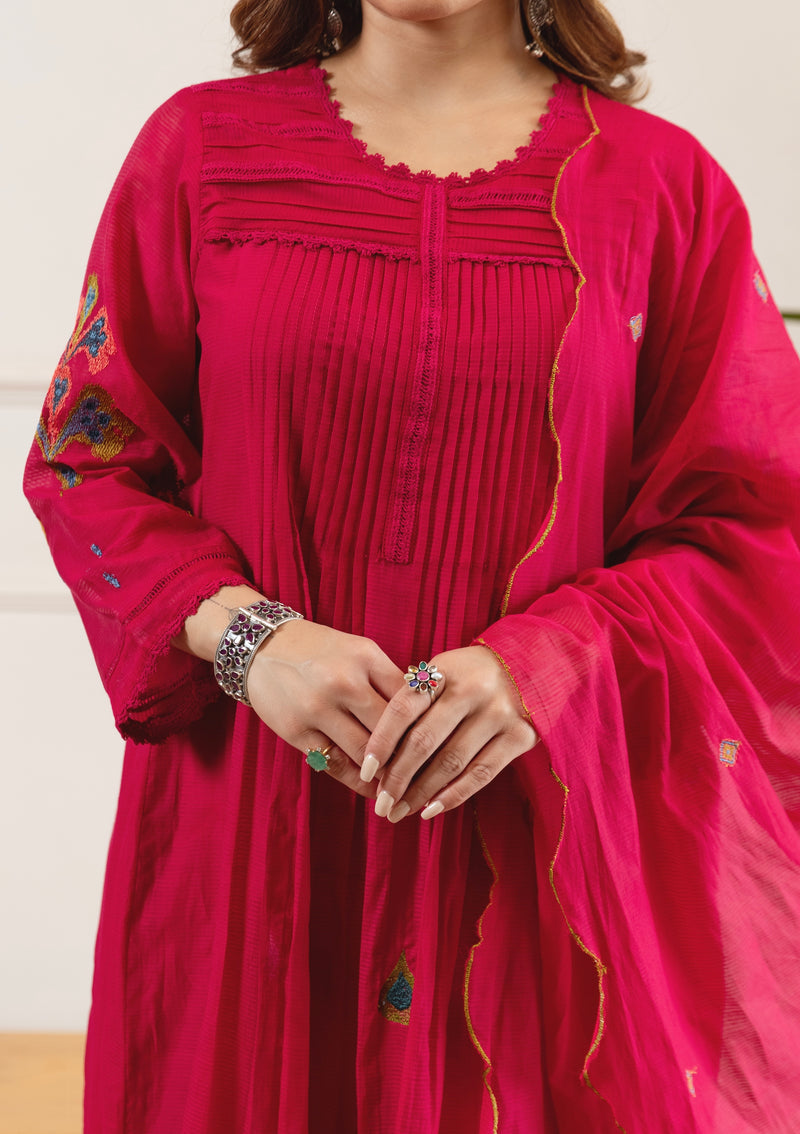 Pink Noor A Line Threadwork Mul Chanderi Suit