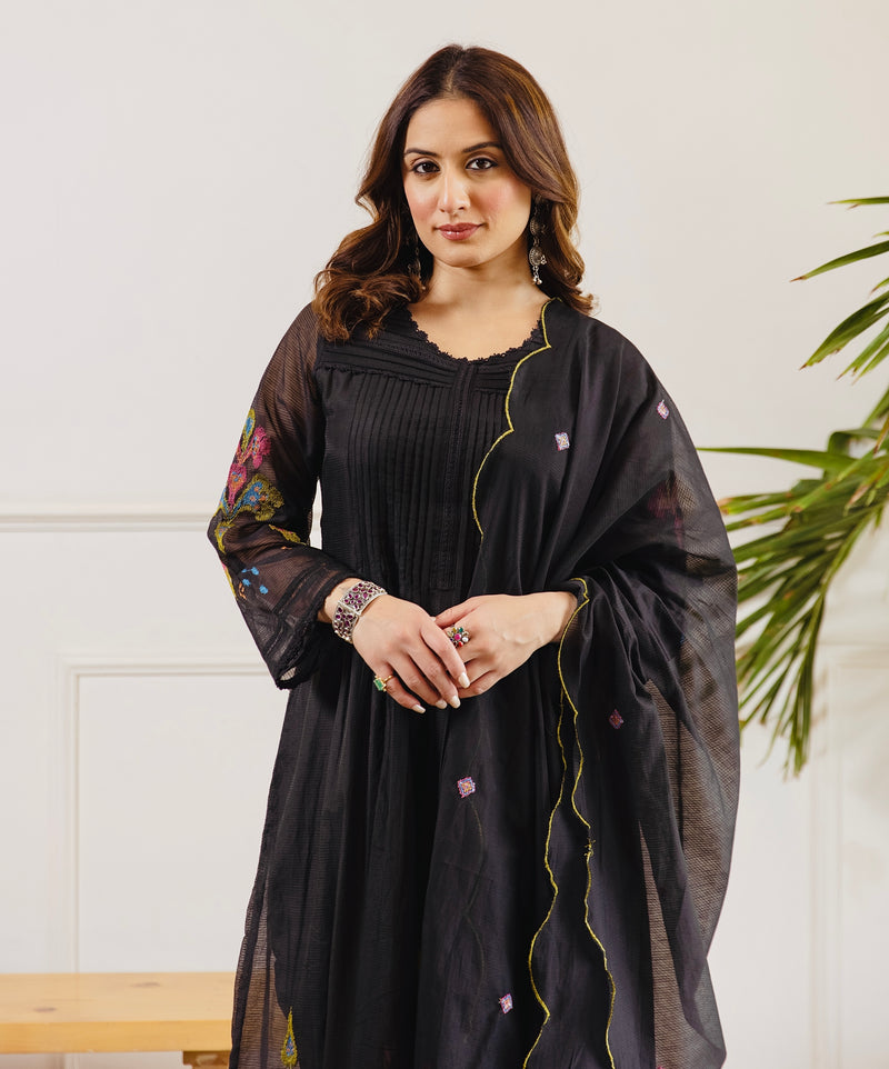 Black Noor A Line Threadwork Mul Chanderi Suit