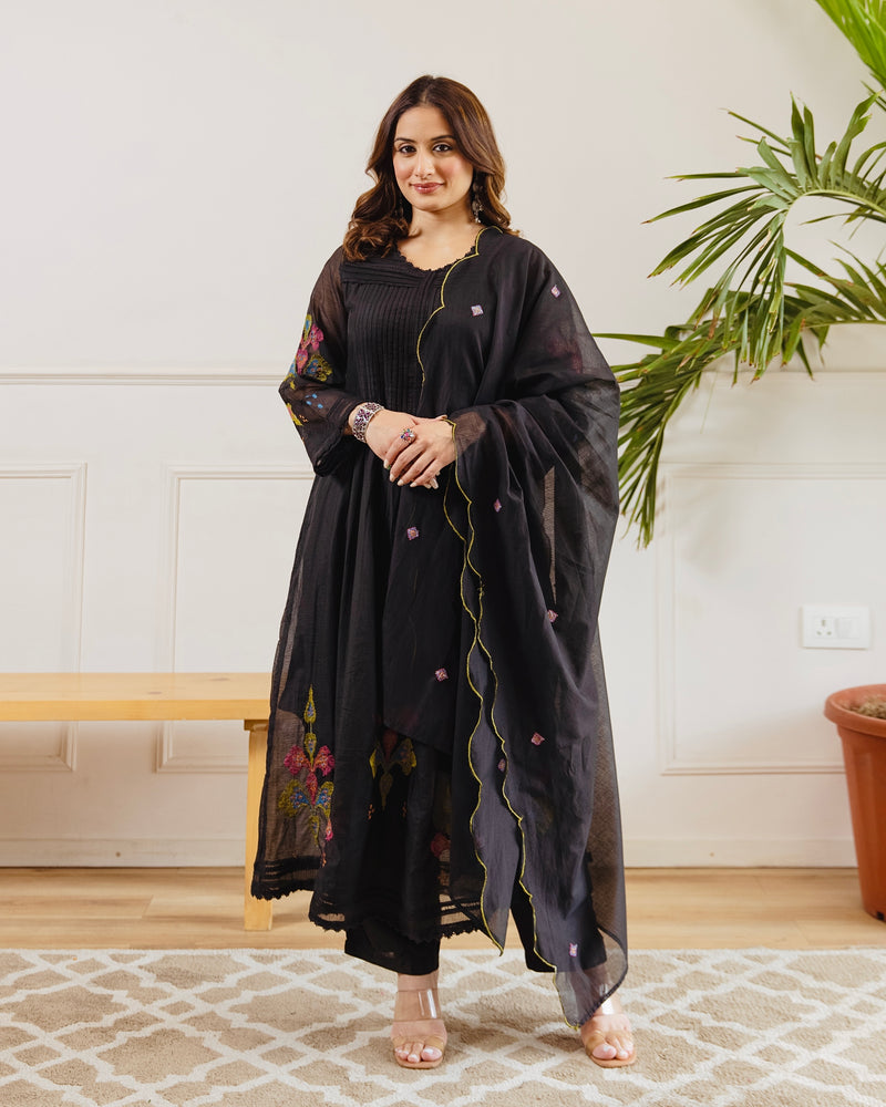 Black Noor A Line Threadwork Mul Chanderi Suit
