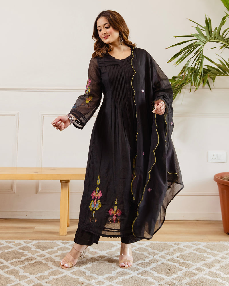 Black Noor A Line Threadwork Mul Chanderi Suit