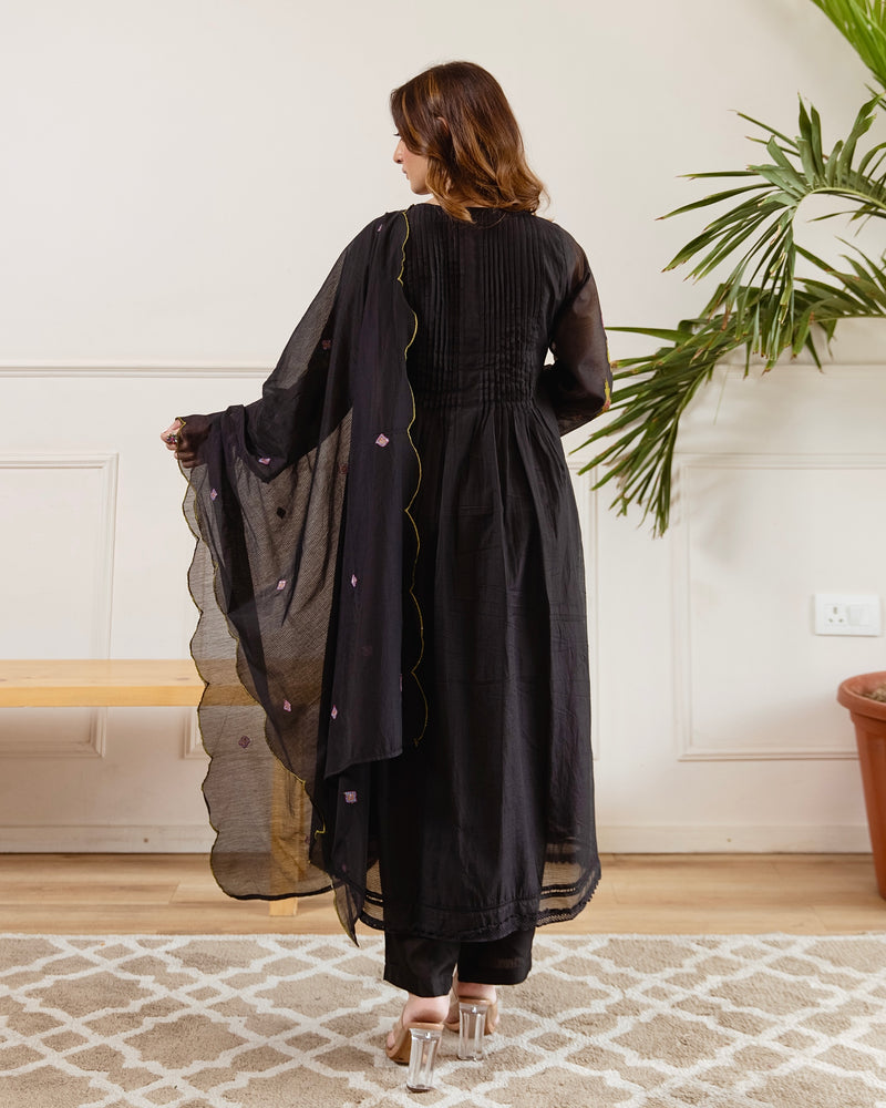 Black Noor A Line Threadwork Mul Chanderi Suit