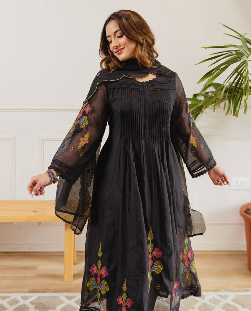 Black Noor A Line Threadwork Mul Chanderi Suit