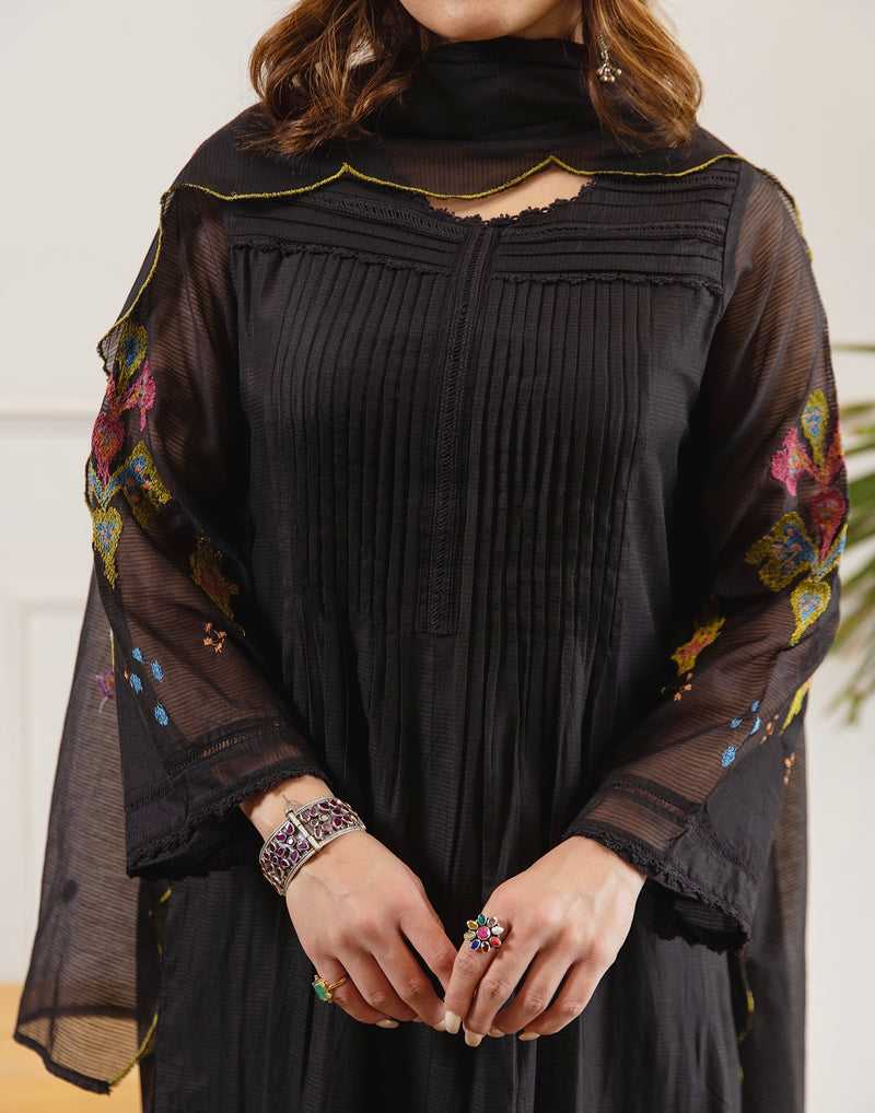 Black Noor A Line Threadwork Mul Chanderi Suit