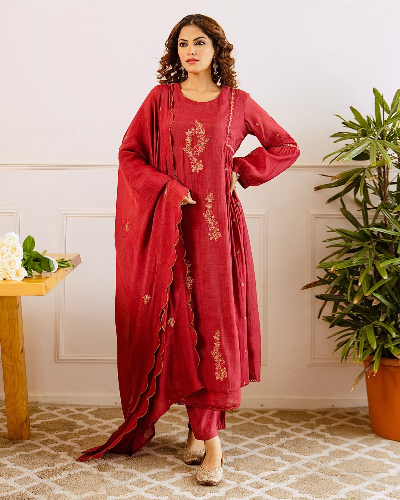 Crimson Noor Handwork Mul Chanderi A Line Suit