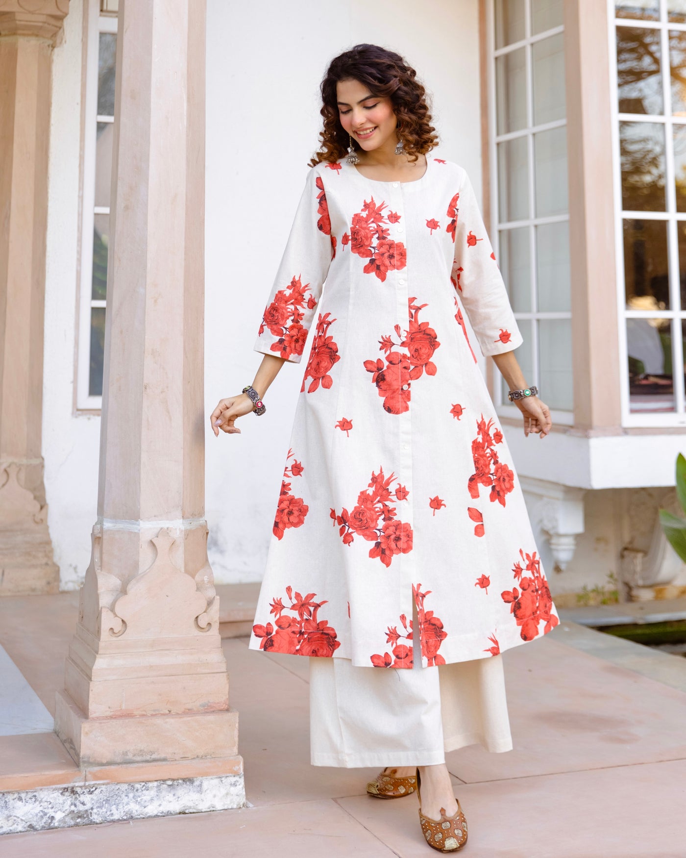 Ivory Orange Blossom Cotton A Line Kurta Set