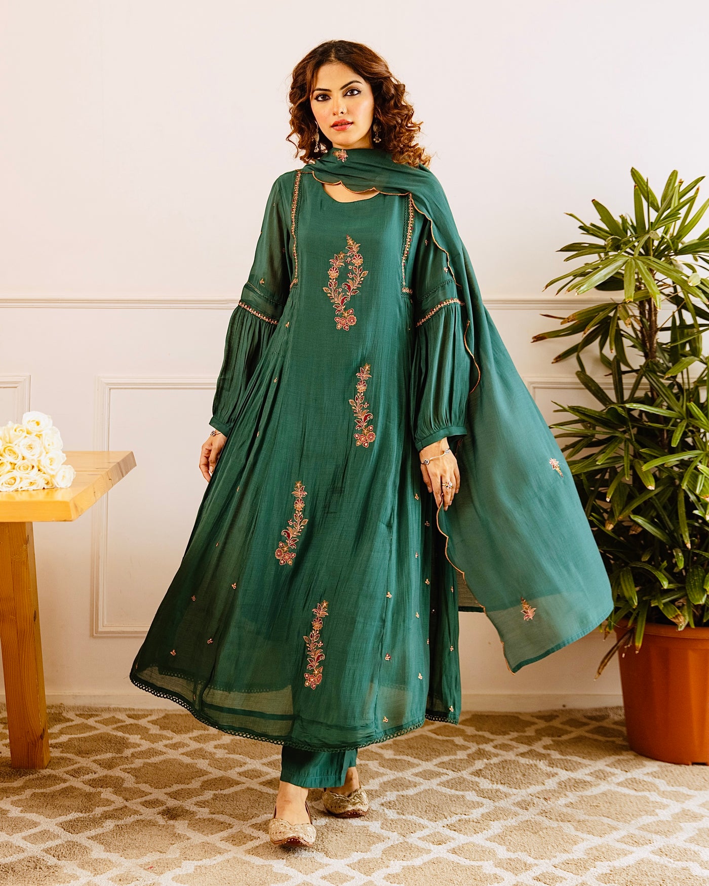 Emerald Noor Handwork Mul Chanderi A Line Suit