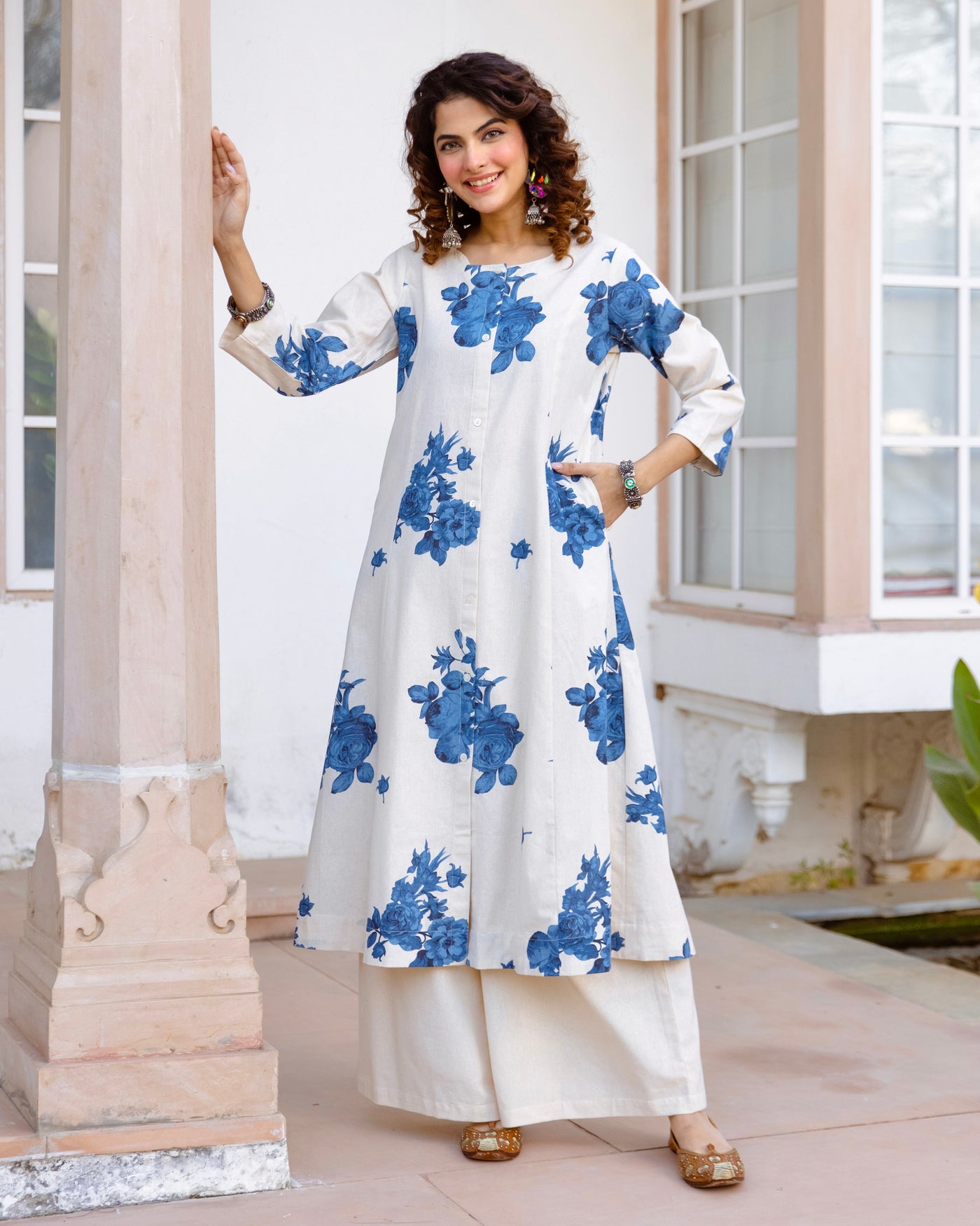 Ivory Blue Blossom Cotton A Line Kurta Set