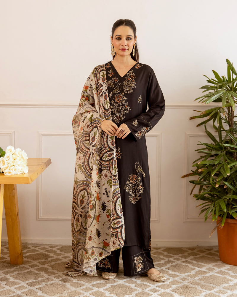 Black Blossom Mist Threadwork Cotton Suit