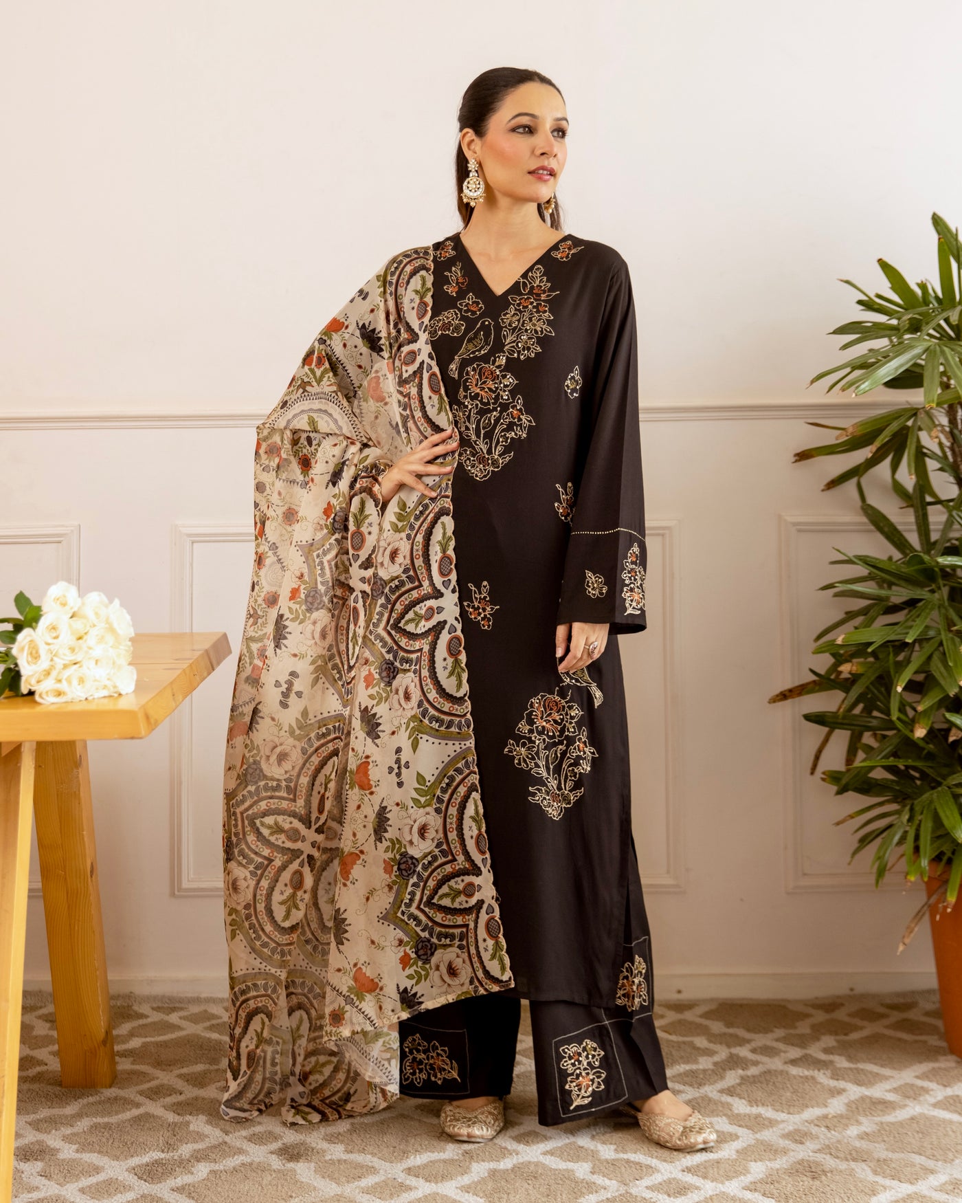 Black Blossom Mist Threadwork Cotton Suit
