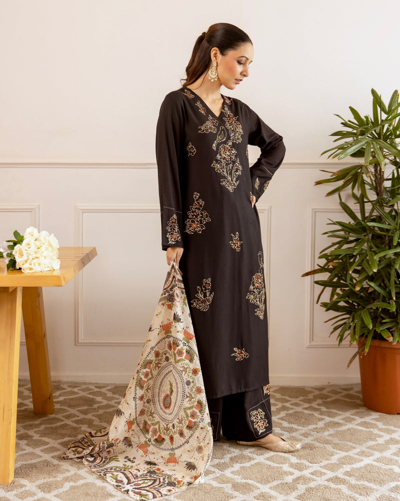 Black Blossom Mist Threadwork Cotton Suit