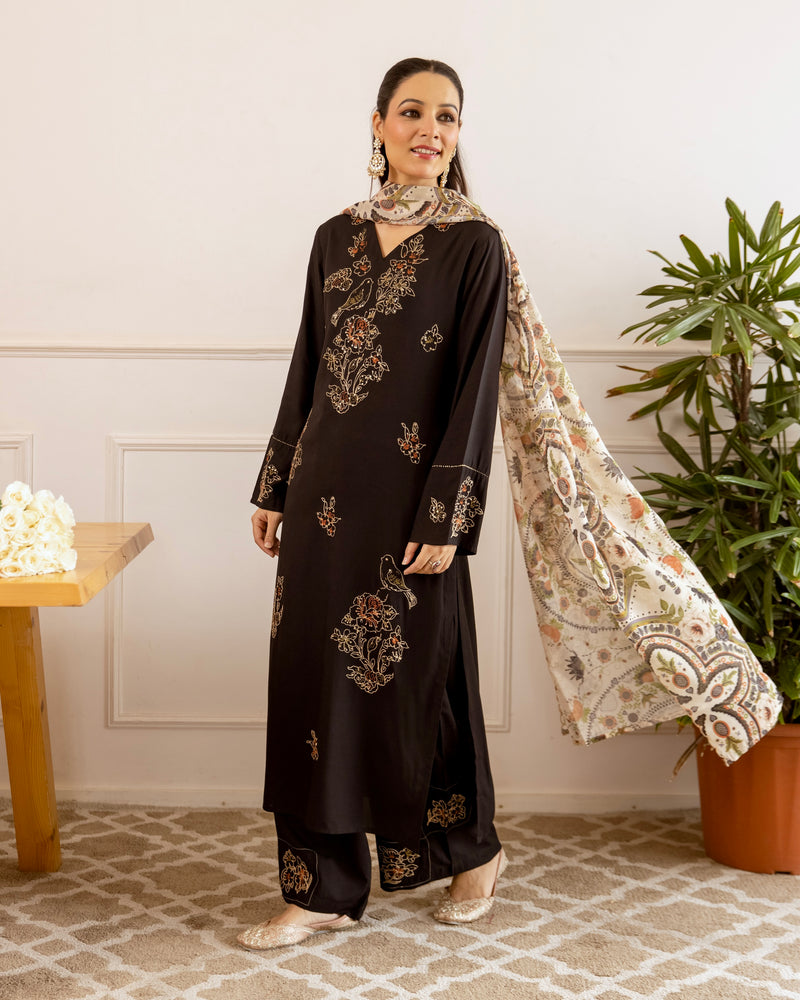 Black Blossom Mist Threadwork Cotton Suit