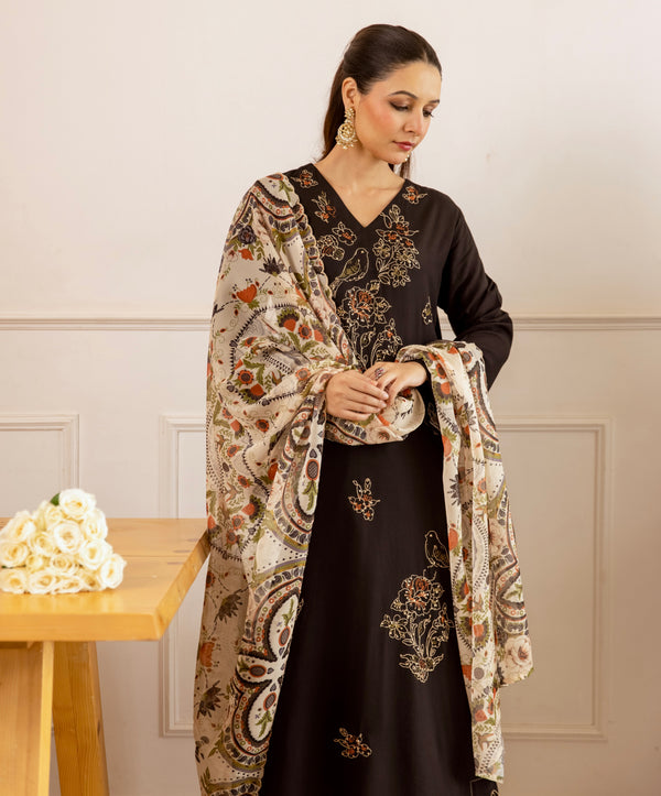 Black Blossom Mist Threadwork Cotton Suit