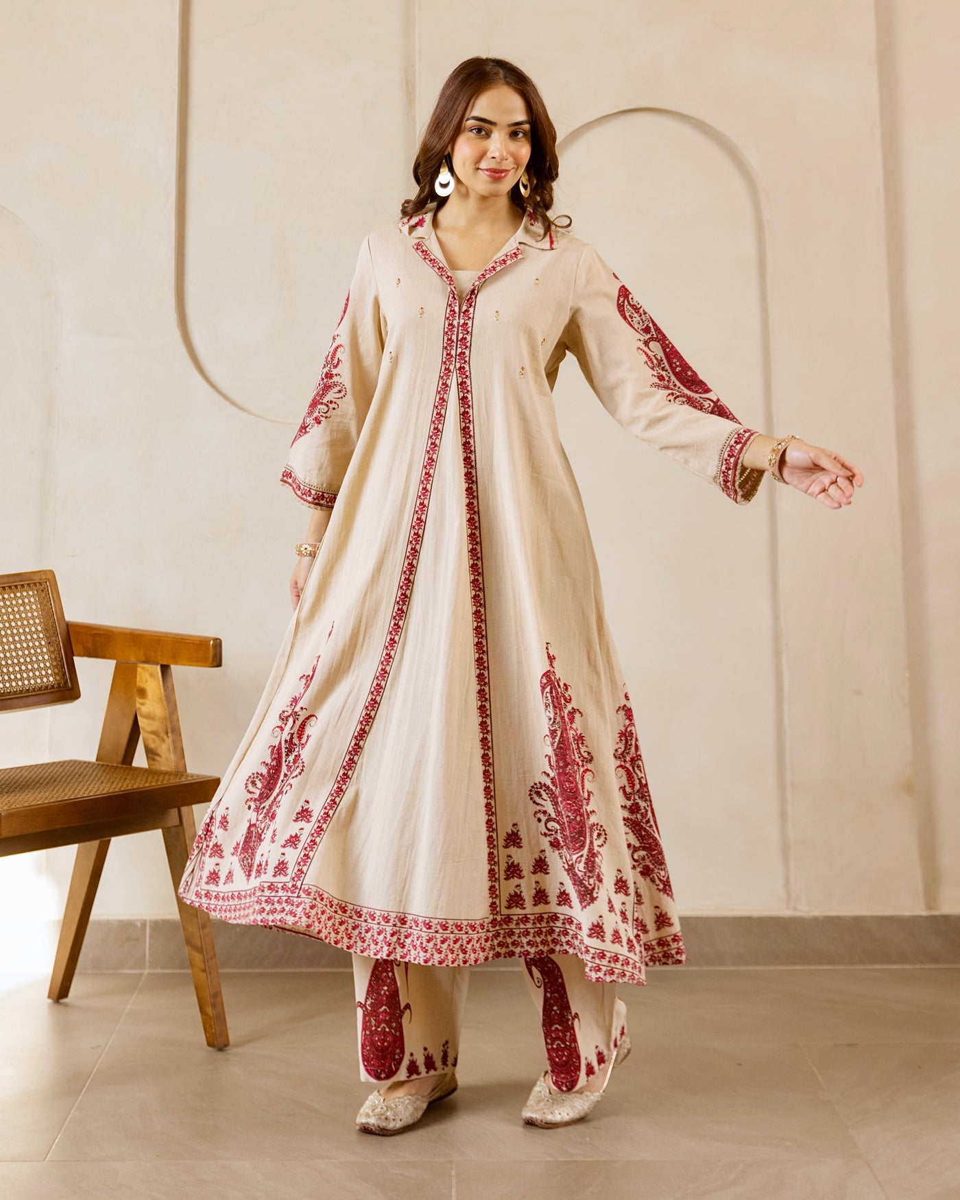 Ivory Crimson Paisley Noor A Line Cotton Kurta Set