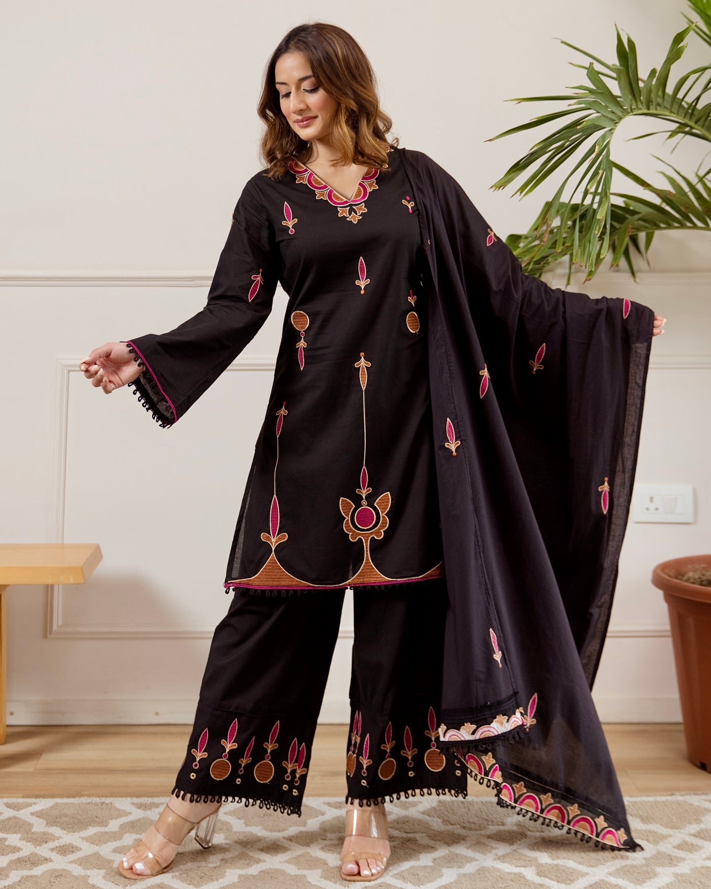Black Meher Threadwork Cotton Suit