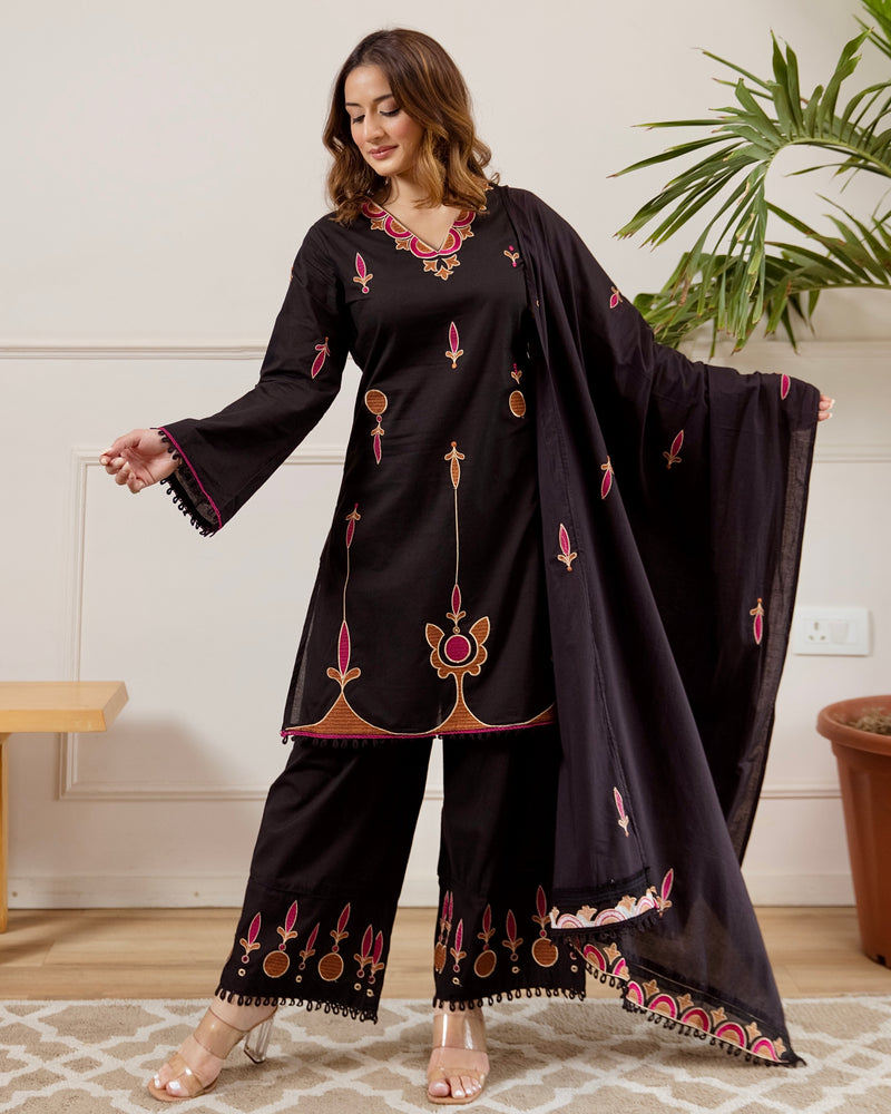 Black Meher Threadwork Cotton Suit