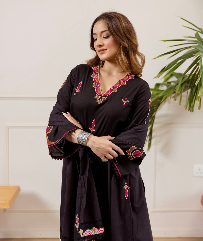 Black Meher Threadwork Cotton Suit