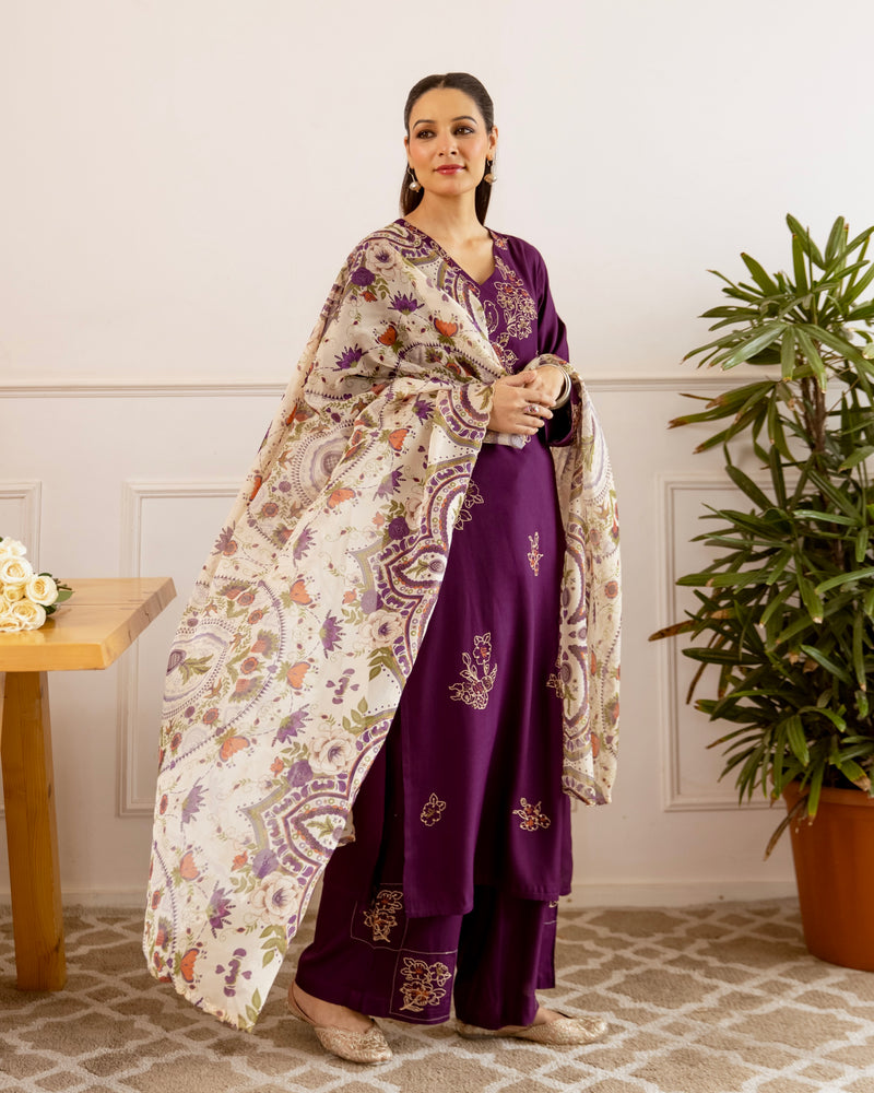 Mulberry Bloom Mist Threadwork Cotton Suit