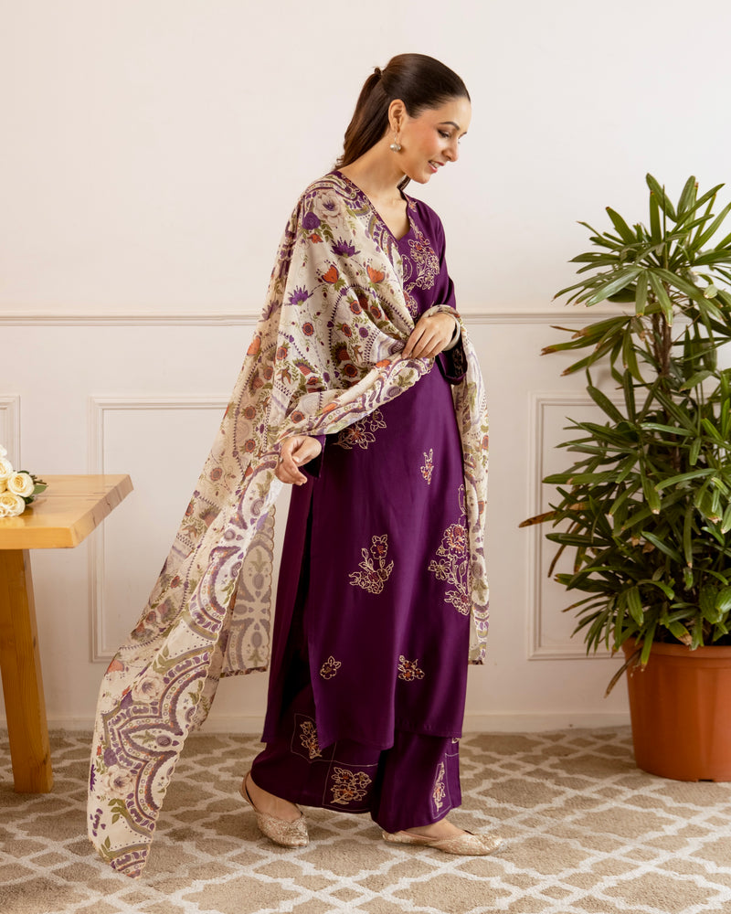 Mulberry Bloom Mist Threadwork Cotton Suit