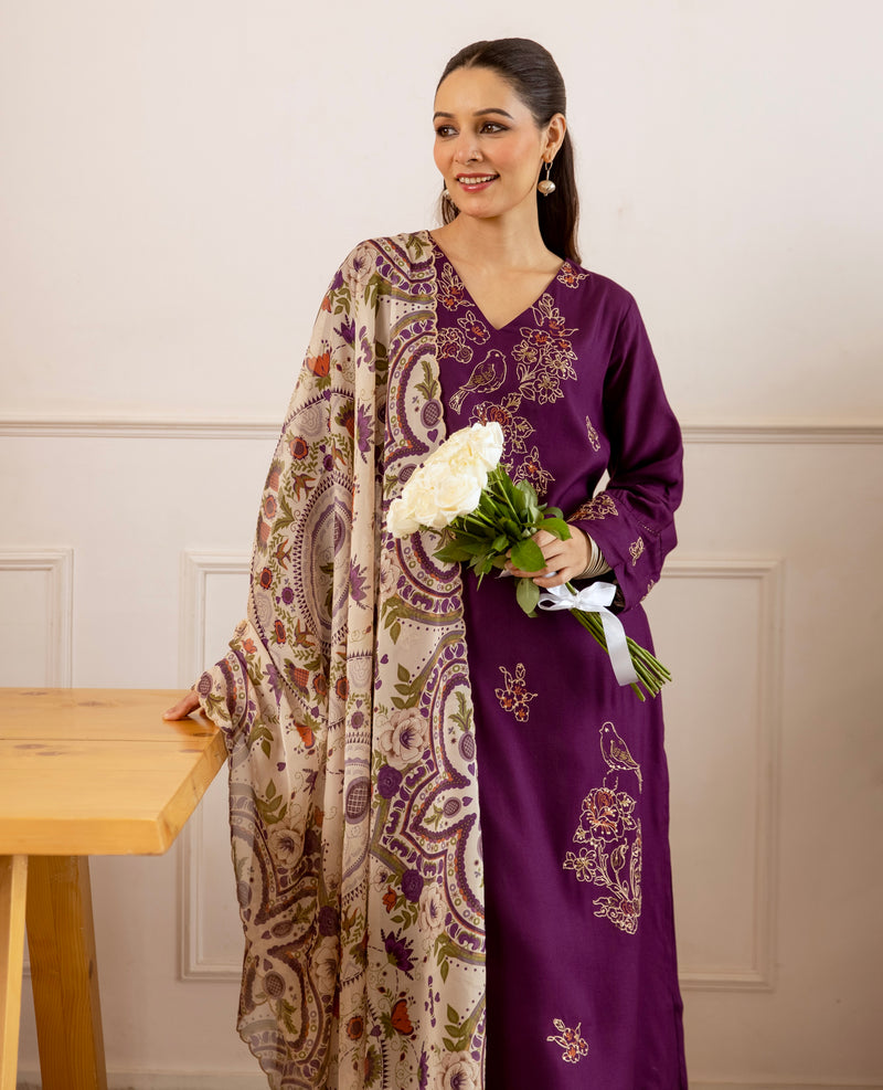 Mulberry Bloom Mist Threadwork Cotton Suit