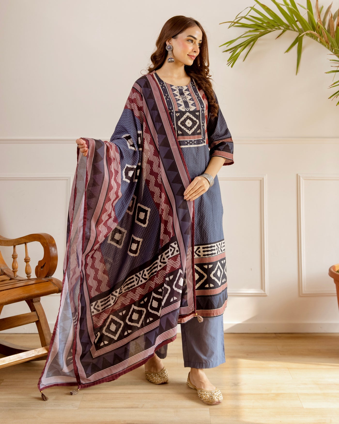Dusty Blue Maroon Cotton Tribal Suit