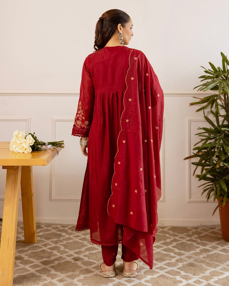 Maroon Mul Chanderi Threadwork A Line Suit