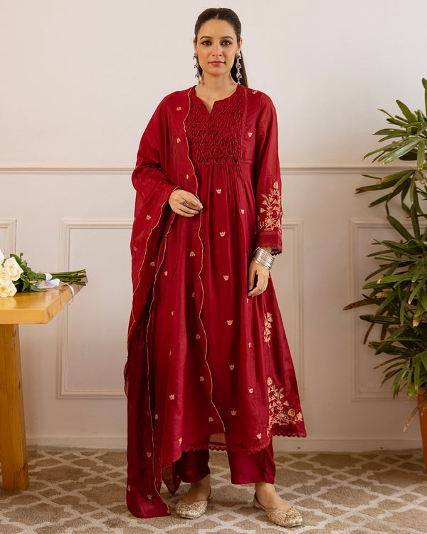 Maroon Mul Chanderi Threadwork A Line Suit