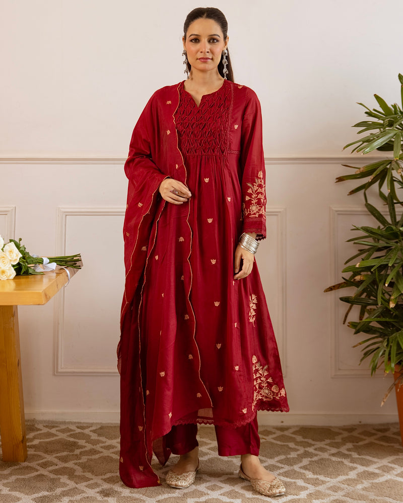 Maroon Mul Chanderi Threadwork A Line Suit
