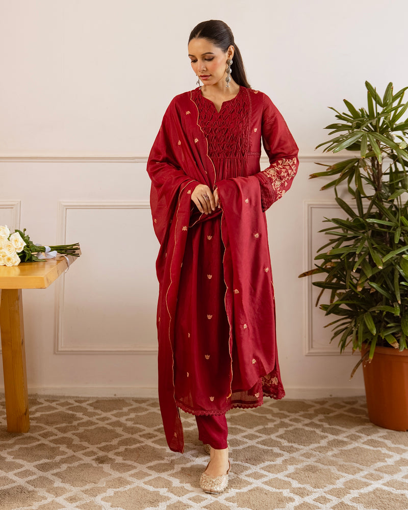 Maroon Mul Chanderi Threadwork A Line Suit