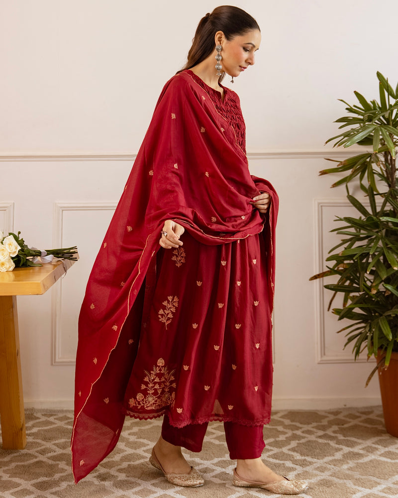 Maroon Mul Chanderi Threadwork A Line Suit