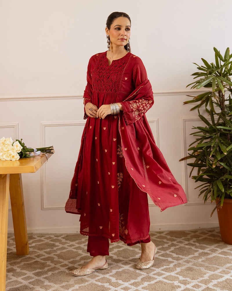 Maroon Mul Chanderi Threadwork A Line Suit
