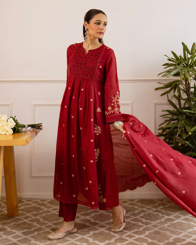 Maroon Mul Chanderi Threadwork A Line Suit