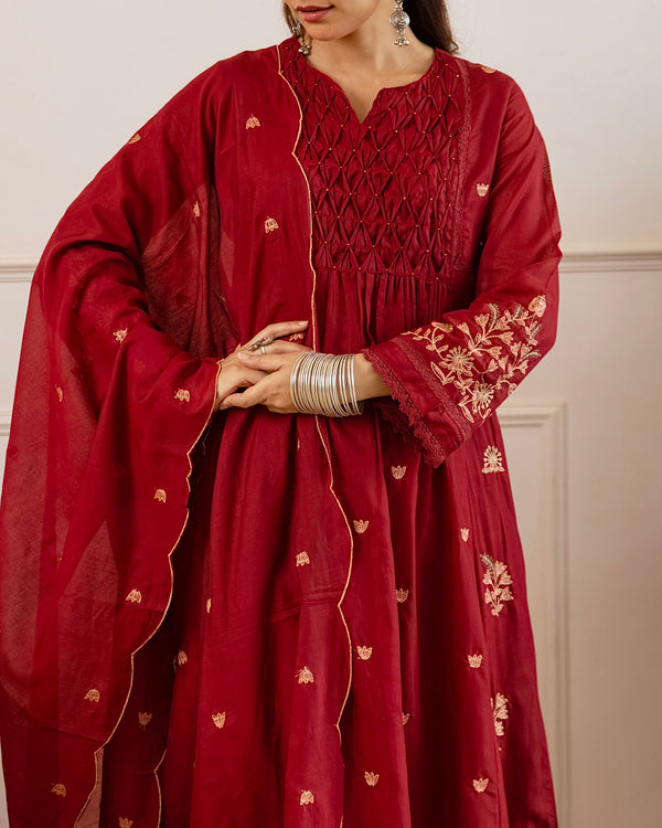 Maroon Mul Chanderi Threadwork A Line Suit