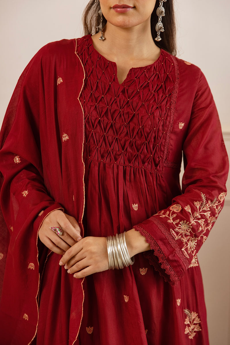 Maroon Mul Chanderi Threadwork A Line Suit