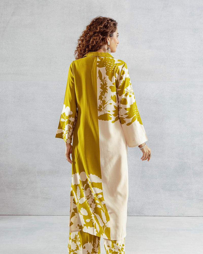 Greenish Yellow Flora Cotton A Line Kurta Palazzo Set