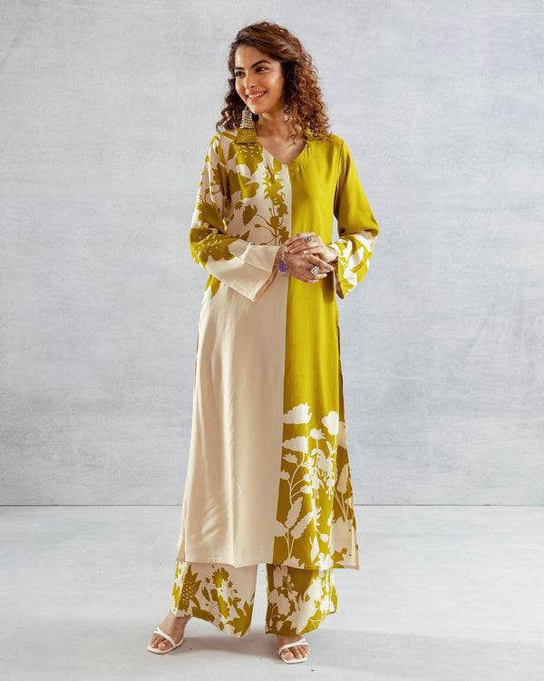 Greenish Yellow Flora Cotton A Line Kurta Palazzo Set