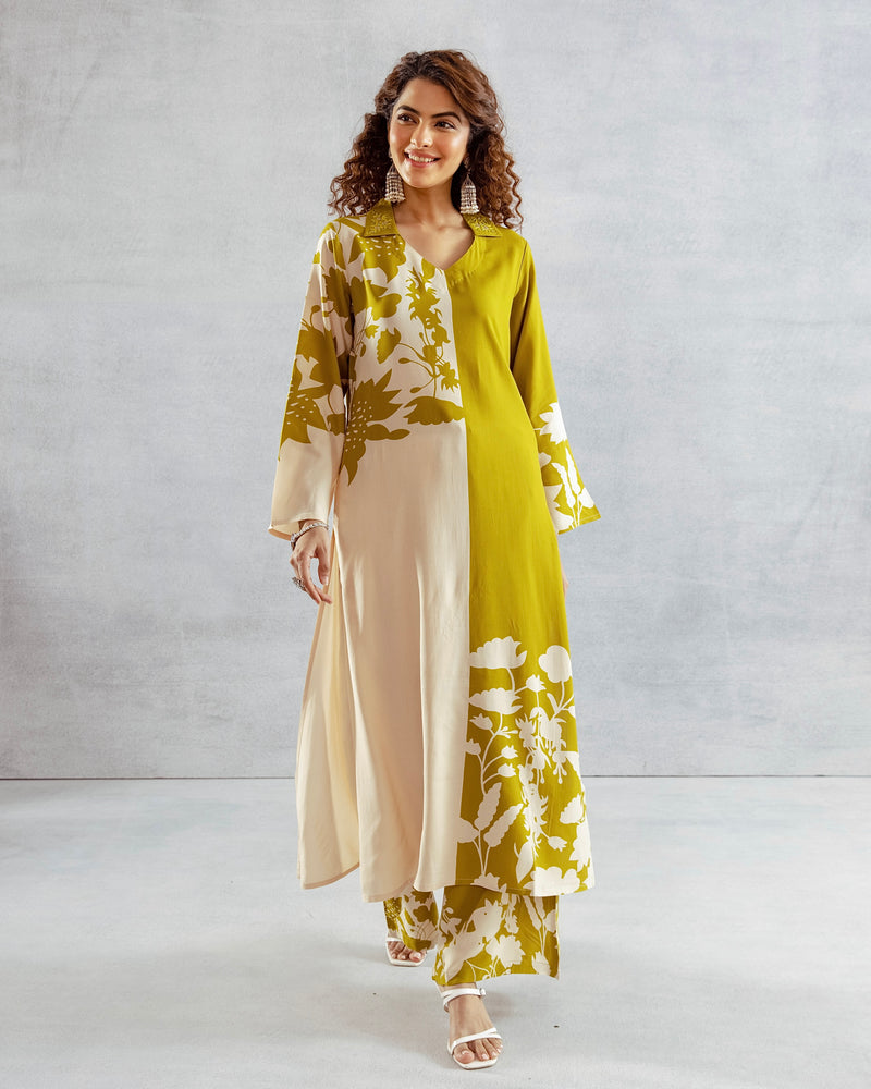 Greenish Yellow Flora Cotton A Line Kurta Palazzo Set