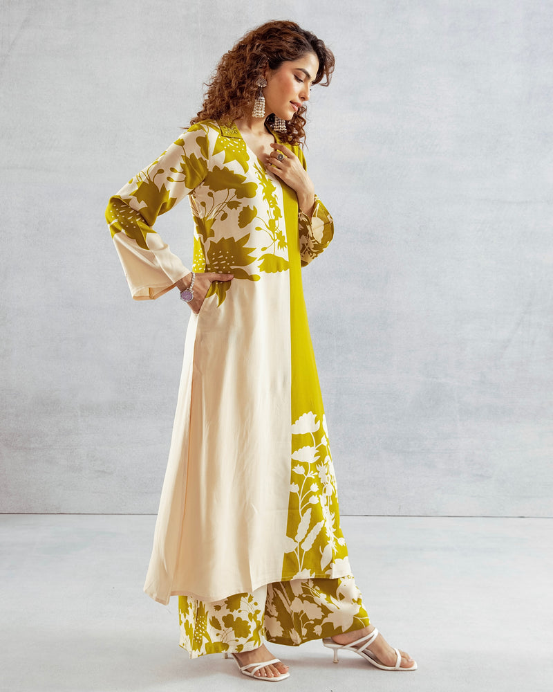 Greenish Yellow Flora Cotton A Line Kurta Palazzo Set