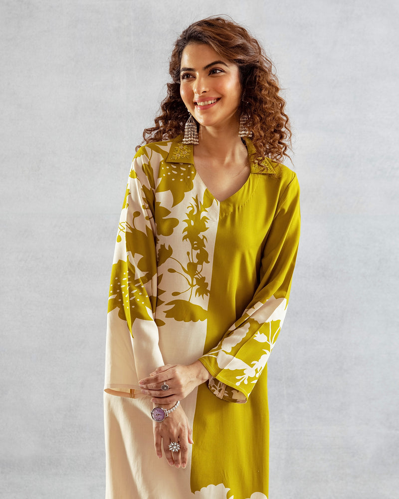 Greenish Yellow Flora Cotton A Line Kurta Palazzo Set